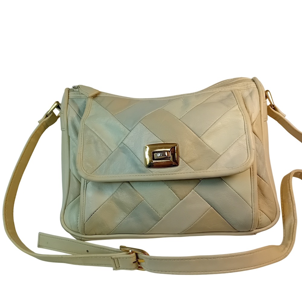 Vintage Cabrelli Quilted Crossbody Bag‎ Ivory Faux Leather Shoulder Bag Purse